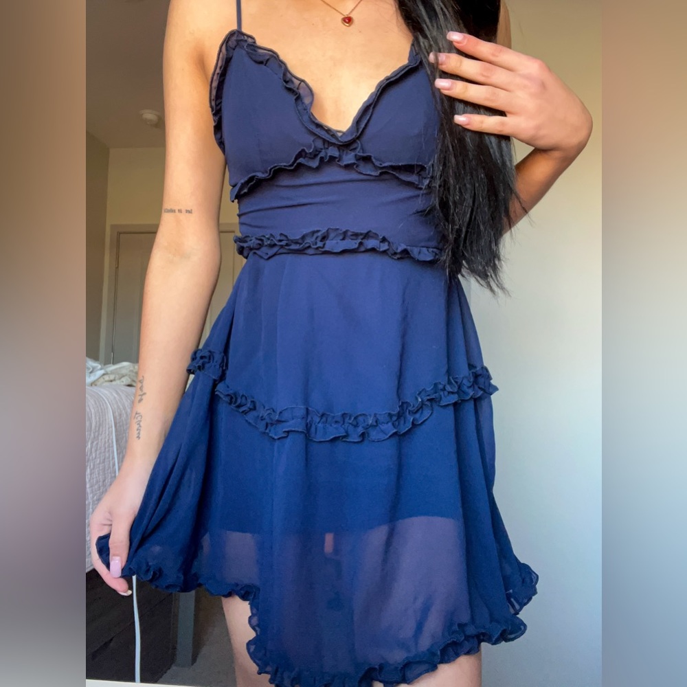 navy blue ruffle mini sundress